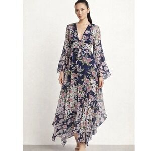BCBGMAXAZRIA Navy Floral Silk Maxi Dress XXS Spring Wedding Guest Graduation